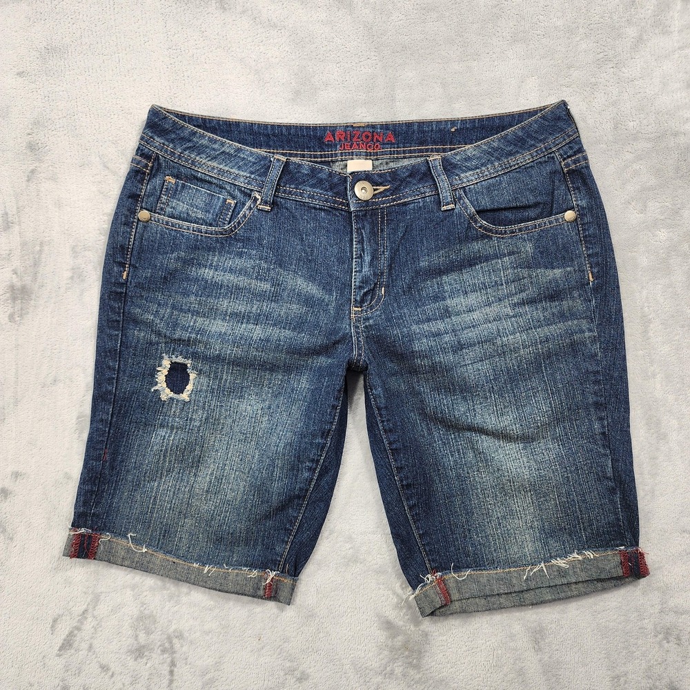 Arizona Jean Co. Shorts Womens 11 Juniors Blue Bermuda Denim Distressed Cuffed